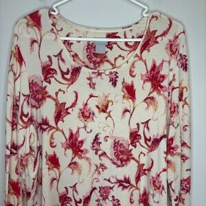 CHICO'S Long Sleeve Velvety Floral Top Womens XL Red Cream Stretch Long Sleeve